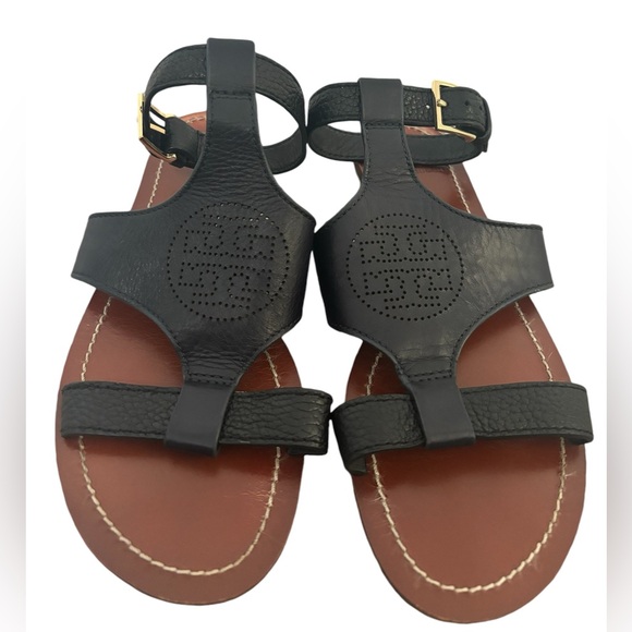 Tory Burch Black Leather Gladiator Ankle Strap Flats Sandals - Picture 9 of 10